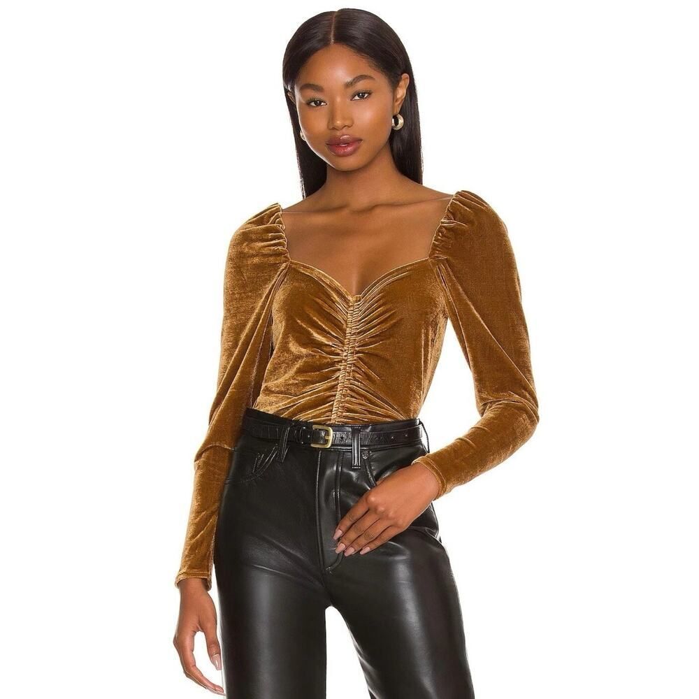 BB Dakota By Steve Madden Velvet Top Ruched Long Sleeve Amber Brown NWT US XS